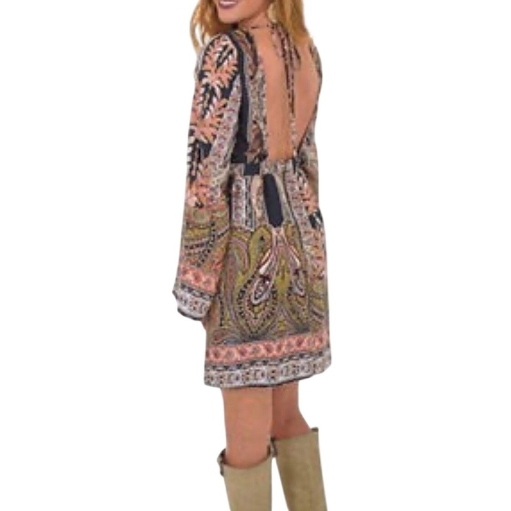 Sage the Label Paisley Open Back Bell sleeves Mini Dress Small Boho Retro Navy